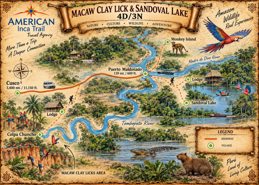 Macaw Claw Lick & Sandoval Lake 4D/3N map