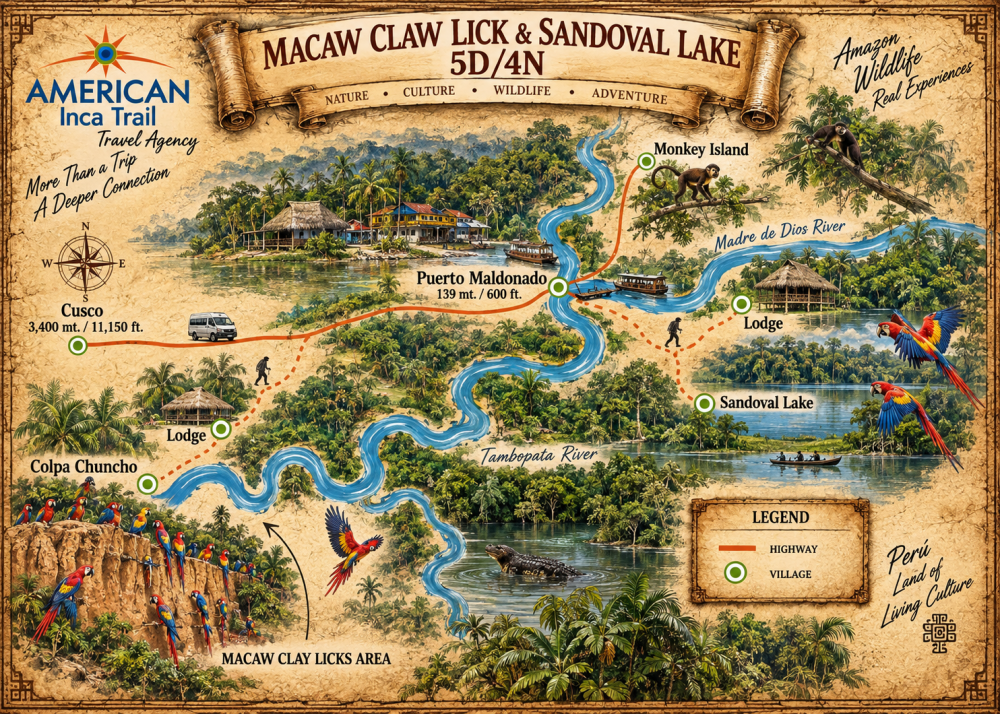 Macaw clay lick & Sandoval Lake 5D/4N map