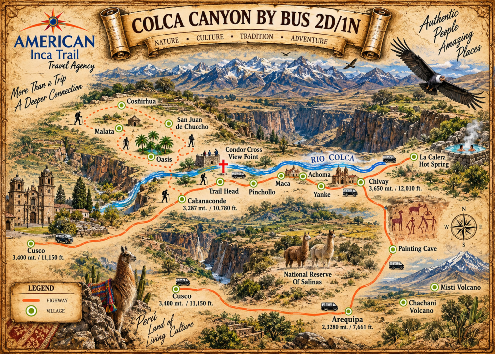 From Cusco: Arequipa & Colca Canyon bus tour 3D/4N map